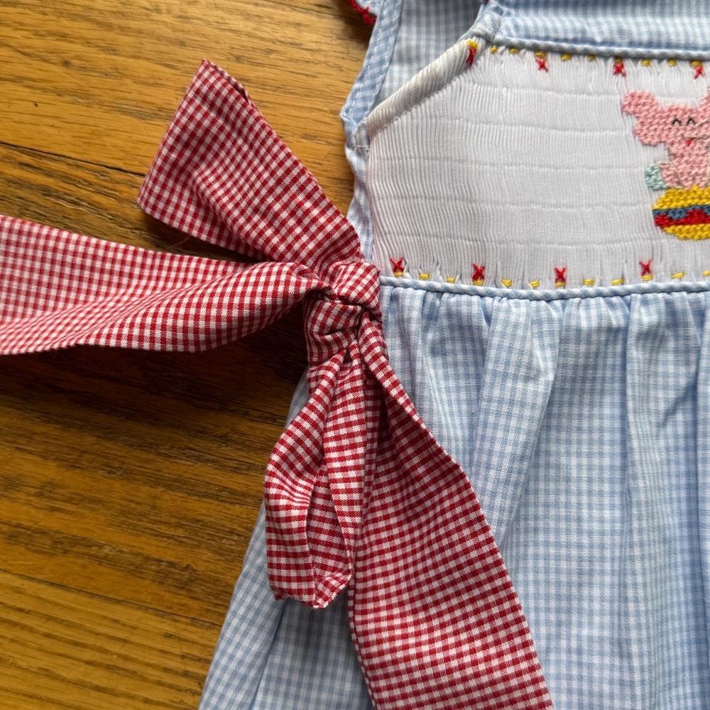Blue Gingham Circus Smocked Waist Dress with Red Bow Tie Sides - Picture 3 of 6